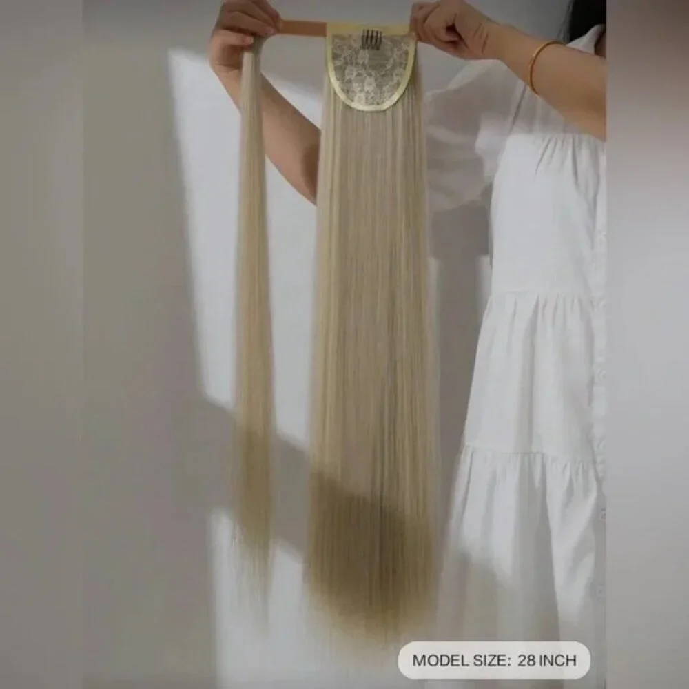 28” Human Hair Blend Wrap Around Ponytail – Silk Straight, Natural Ash Blonde